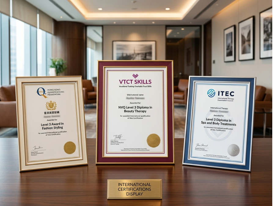 HKQF、VTCT Skills、ITEC國際資歷認證證書實物展示