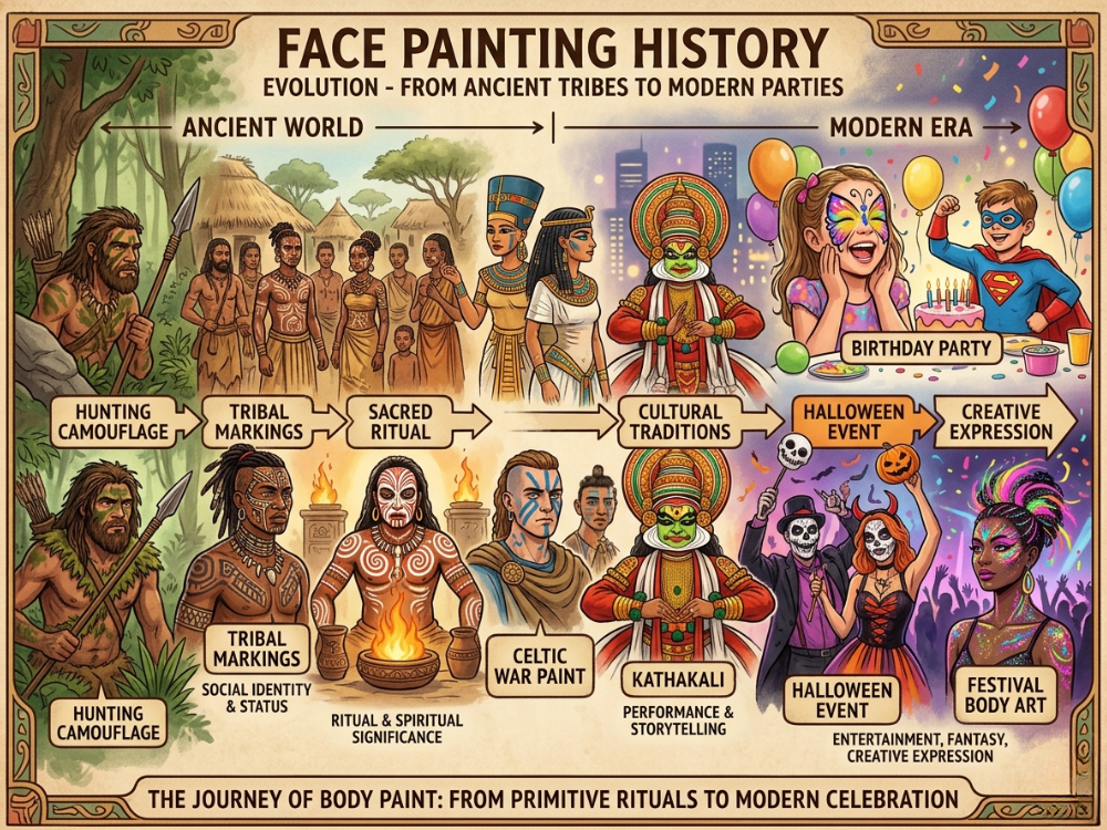 Evolution of body painting from ancient tribes to modern parties – showing ancient uses (hunting camouflage, tribal identification, rituals) and modern entertainment applications (birthday parties, Halloween events)