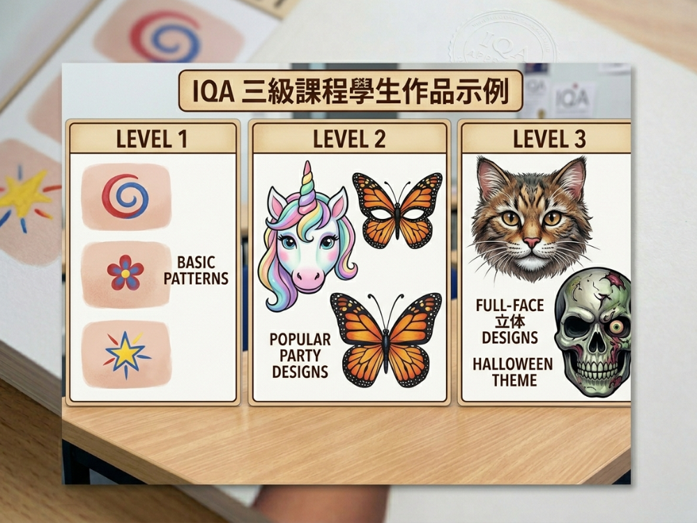 IQA Level 1-3 student works – showing progressive designs: Level 1 basic patterns, Level 2 popular party designs (unicorn, butterfly), Level 3 full‑face 3D designs (animals, Halloween themes)
